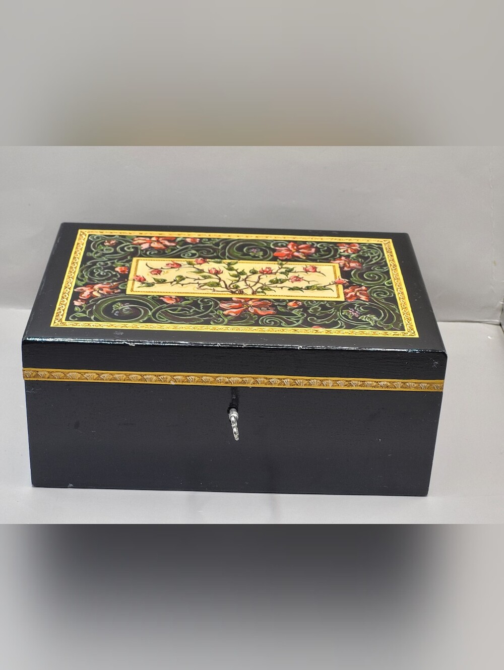 Vintage Black Lacquer Wood Jewelry Box Floral Rose Decoupage With Key Velvet 8"